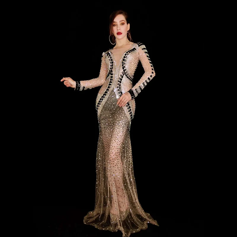 

Nude mesh perspective multi-colored rhinestone dress birthday celebration party dinner evening dress concert ball singer dress