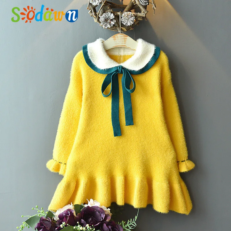 

Sodawn Girls Sweet Dress Winter Autumn Knitted Doll Collar Long Sleeves Bow Princess Party Dress Toddler Children Clothes