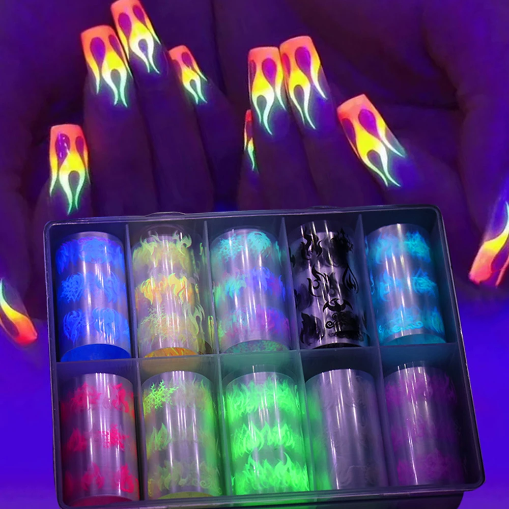 

10 rolls Nail Art Foil Decals Fluorescent Transfer Decal Girls Glow in dark Nail DIY Decoration Accessories for Women