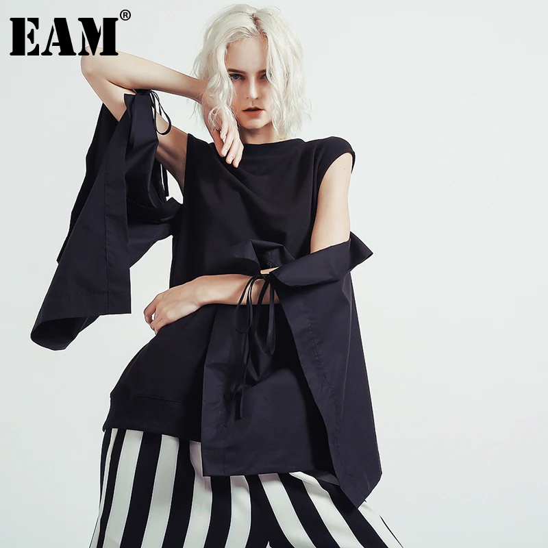 

[EAM] Women Black Hollow Out Bandage Casual Ruffles T-shirt New Round Neck Long Sleeve Fashion Tide Spring Autumn 2022 1DE5977
