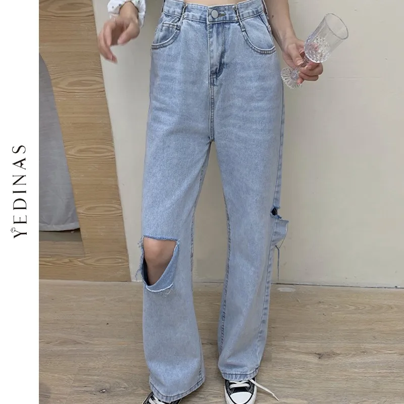 

Yedinas 2020 New High Waist Women's Fashion Loose Destroyed Hole Denim Mopping Pants Wide Leg Jeans Casual Trousers Plus Size