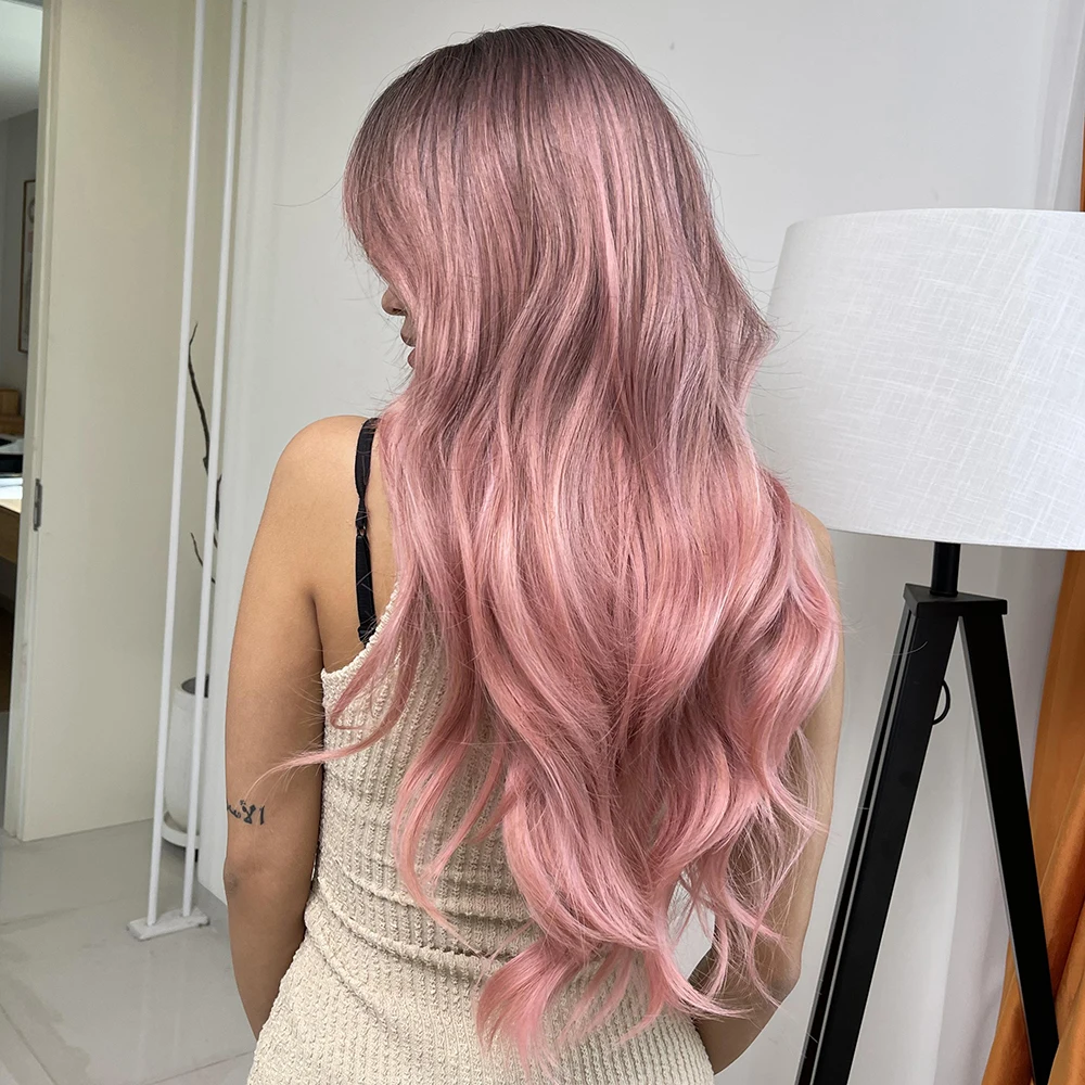 ESIN красно коричневый Омбре розовые длинные волнистые парики с челкой для женщин