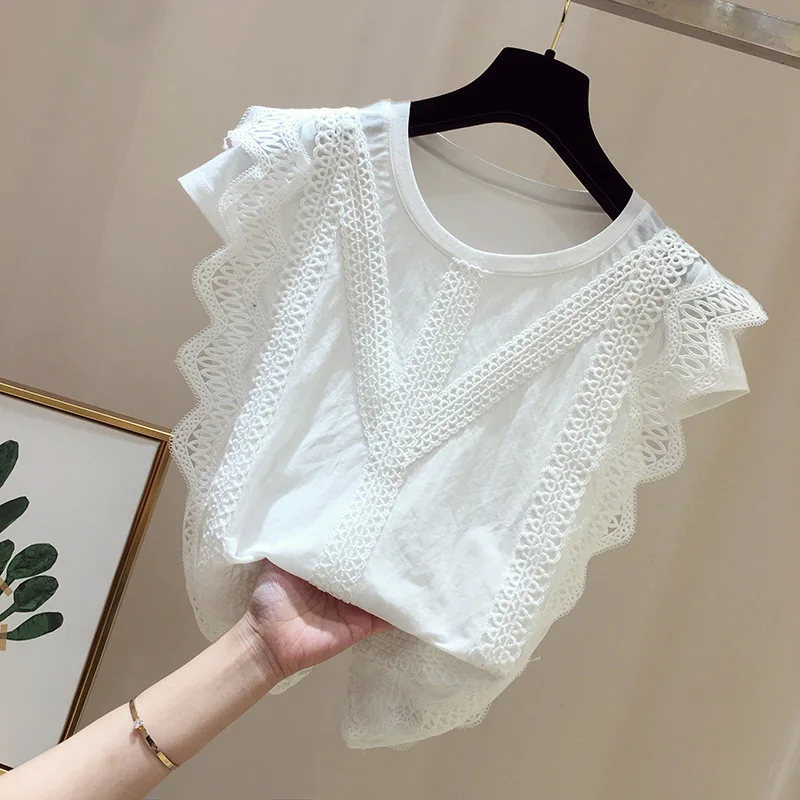 

Summer Shirts Women Lace Blouse Short Sleeve Fashion Blouses Crochet Blusas Casual Female Blusas Mujer White Black Femme Tops