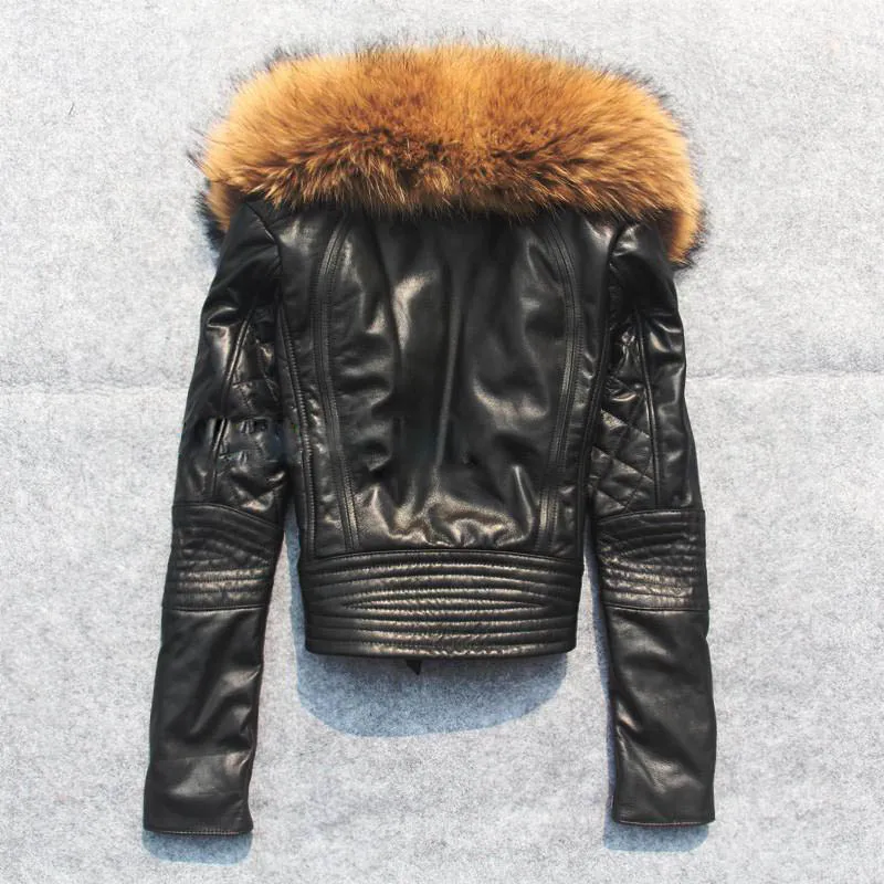 Куртка женская из 100% натуральной овечьей кожи с воротником меха енота на молнии |