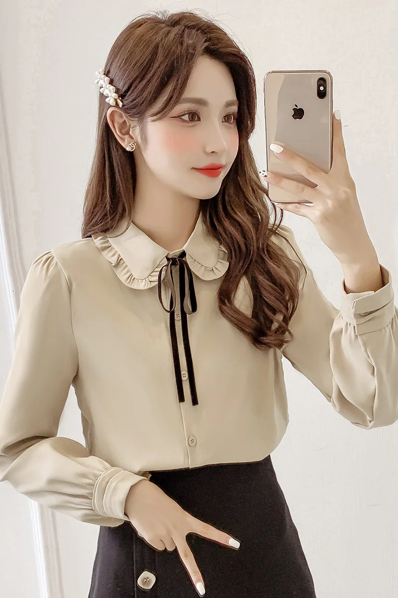 

Houthion Casual Women Shirt New Chiffon Long Sleeve Blouse Thin Comfortable Fashion Lapel Bow Splicing Summer Tops