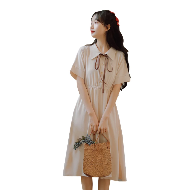 

Платье женское Плиссированное до колена, Мягкое повседневное в японском стиле, с коротким рукавом, с эластичным поясом, с милым бантом