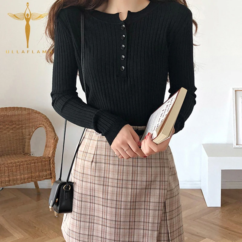 

Simple Sweater with Solid Color Long Sleeve Buttons Autumn All-Match Commuter Bottoming Shirt Slim Fit Stretch Ladies White Top