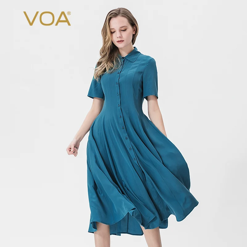 VOA 100% шелковое длинное платье для женщин базовая летняя рубашка платья с коротким