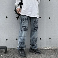 coldyingan cartoon anime print jeans men pants bf harajuku streetwear wear casual fashion graffiti loose women jeans trousers