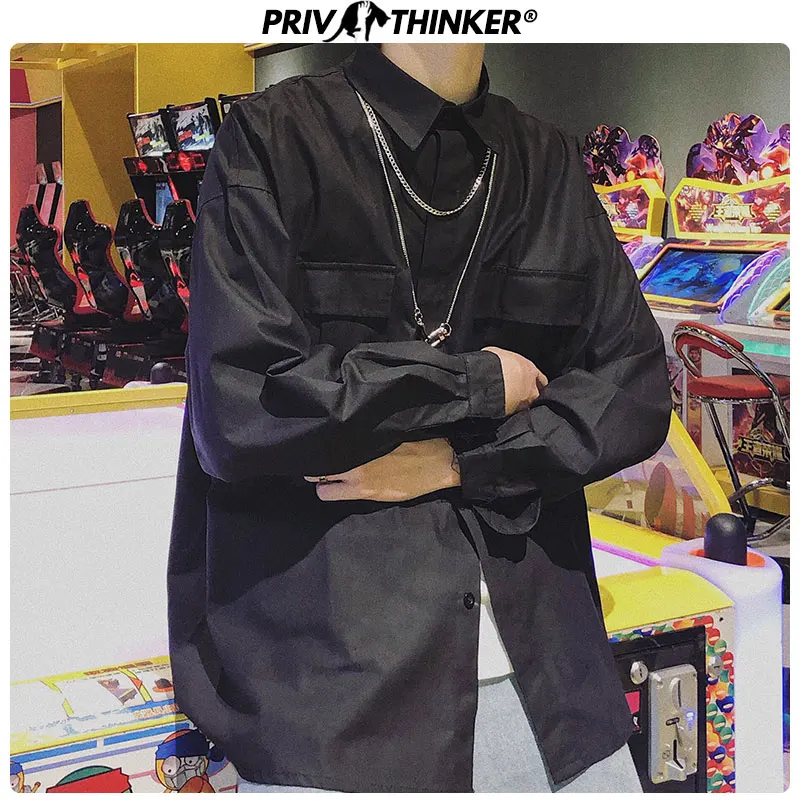 Мужская рубашка с длинным рукавом Privathinker черная винтажная уличная в стиле хип хоп 2020|Повседневные рубашки| |