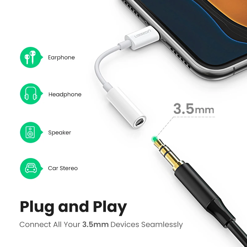 Ugreen MFi адаптер для наушников с разъемом Lightning на 3 5 мм кабель AUX iPhone 12 SE 11 Pro Max X XR 7 8 8P