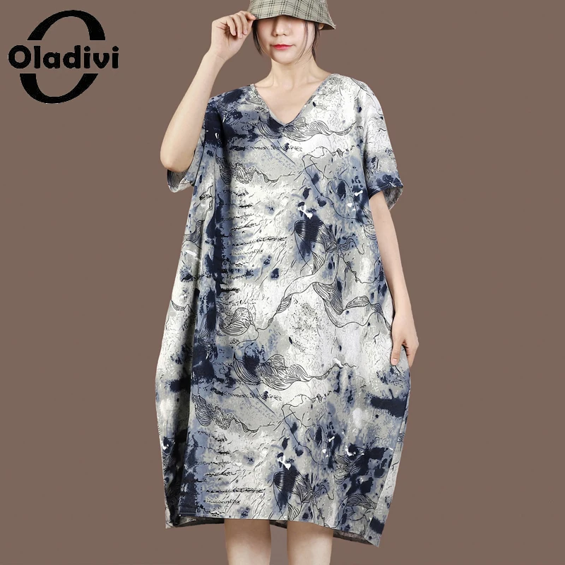 

Oladivi Oversized Women Casual Loose Cotton Linen Dress Summer Fashion Print Midi Dresses 2021 New Arrival Robe Vestidios 90281