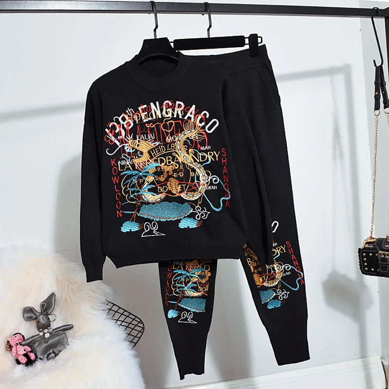 

Sweaters Unisex Street Suit Knitted Pullover Set Embroidery Jacquard Hip Hop Winter Autumn Harajuku Oversized Outwear Jumper