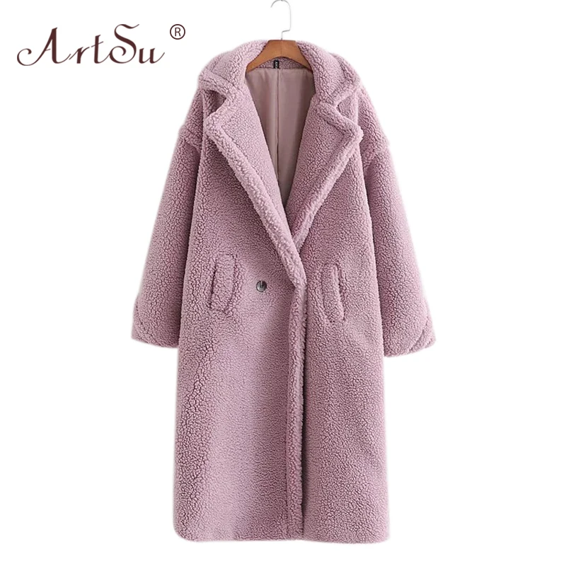 ArtSu 12 Color Fashion Women Winter Teddy Bear Coat Warm Long Sleeve Loose Lambswool Long Coat Christmas Faux Fur Teddy Coat