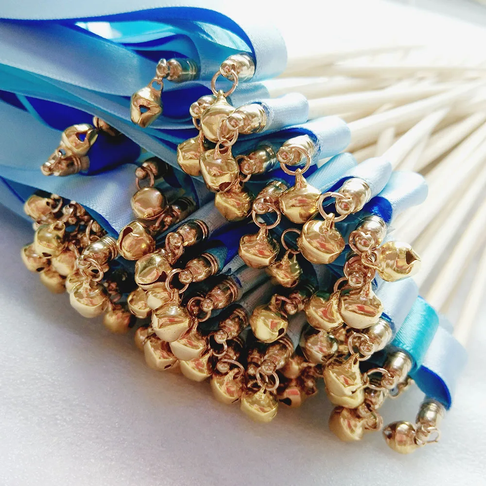 50 шт./лот три разных синих свадебных ленты палочки с золотой лентой колокольчиком