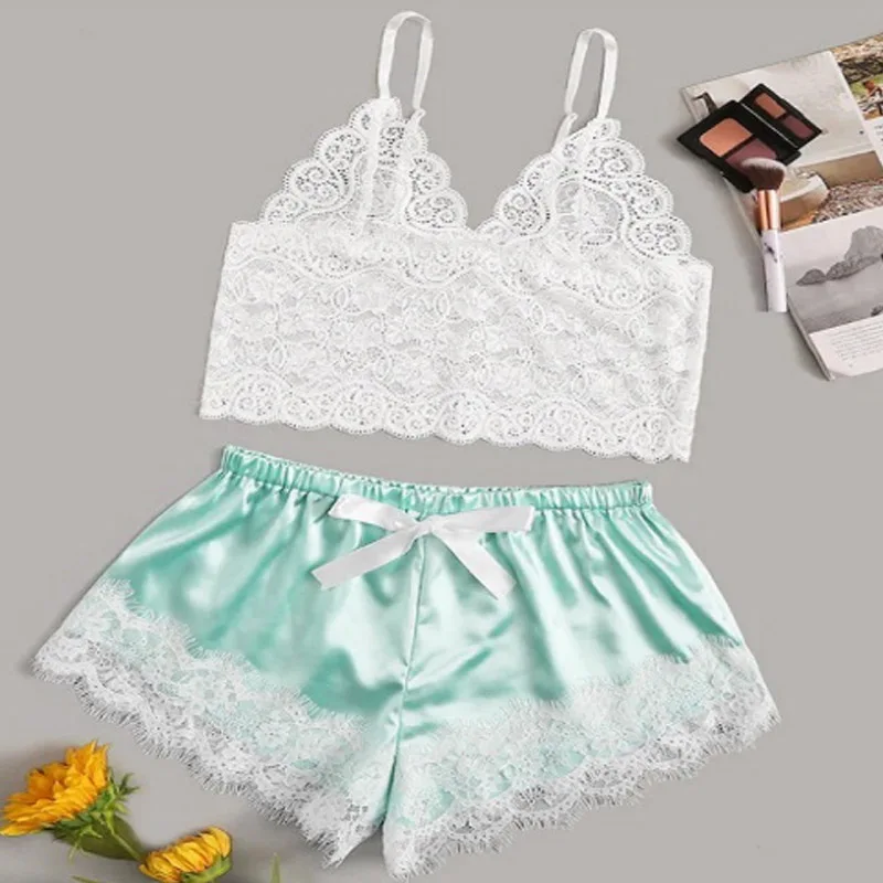 Sale Floral Lace Cami Top With Satin Shorts Lingerie Set Women Summer Sexy Sets Ladies Bra And Panty Sleepwear Pajama suit