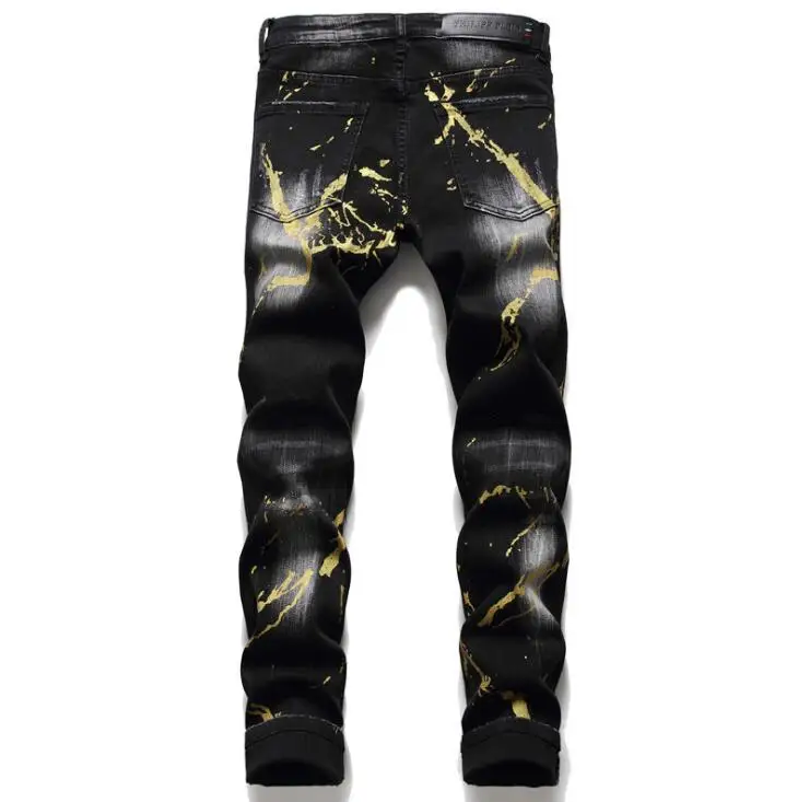 Autumn winter new ragged jeans men's штаны slim washed Джинсы pants black paint spray tight-fitting stretch trousers