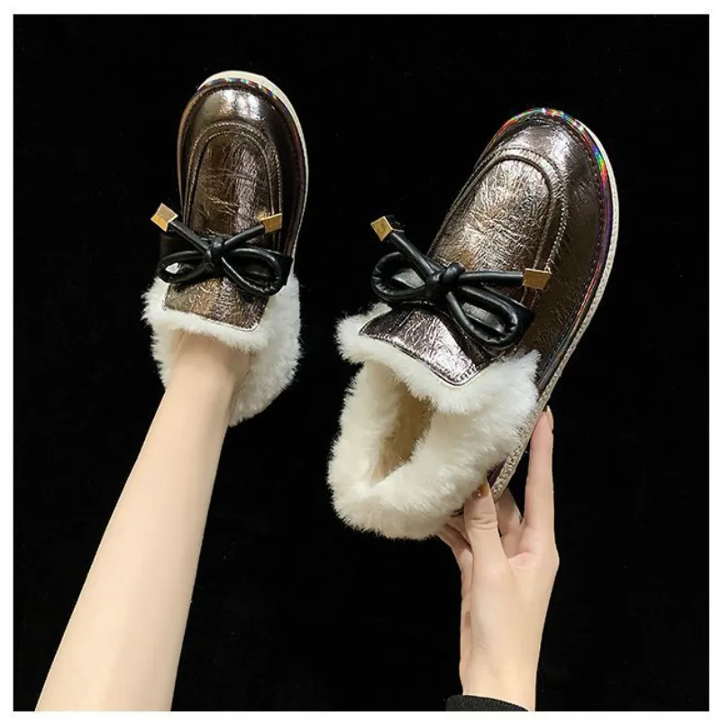 Fashion Winter Snow Boots Women Butterfly-knot Hairball Slip-On Round Toe Low (1cm-3cm) Flat with Plush Thicken High Quality PU