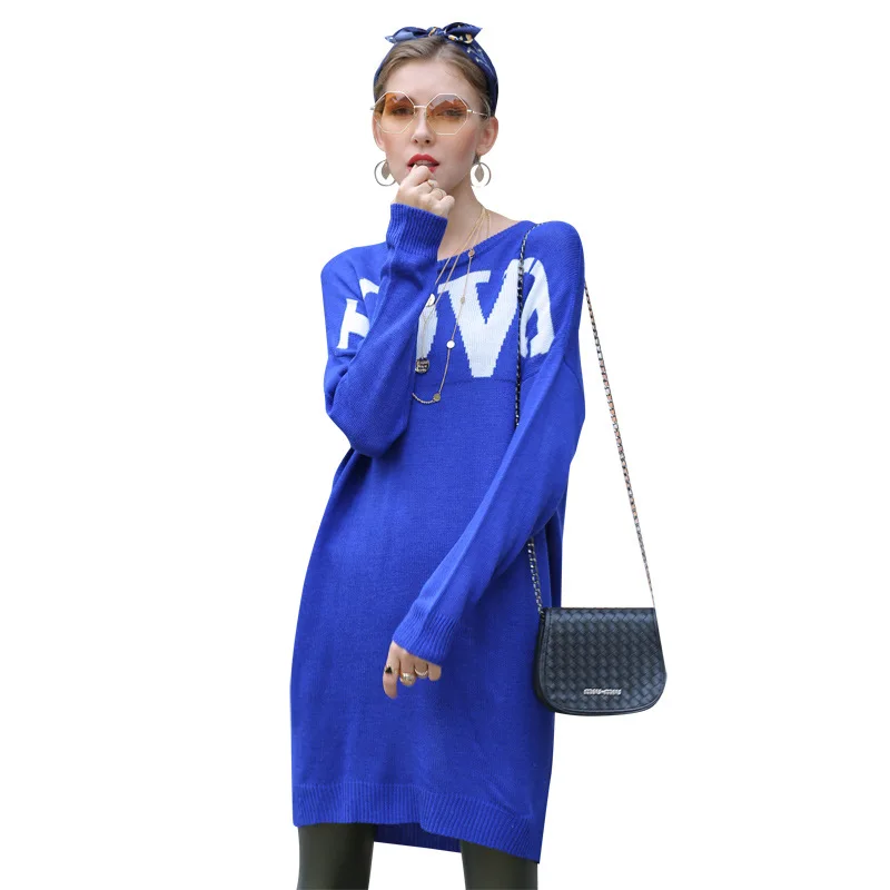 

2020 autumn and winter new round neck pullover loose sweater sweet letter jacquard mid-length knitted dress