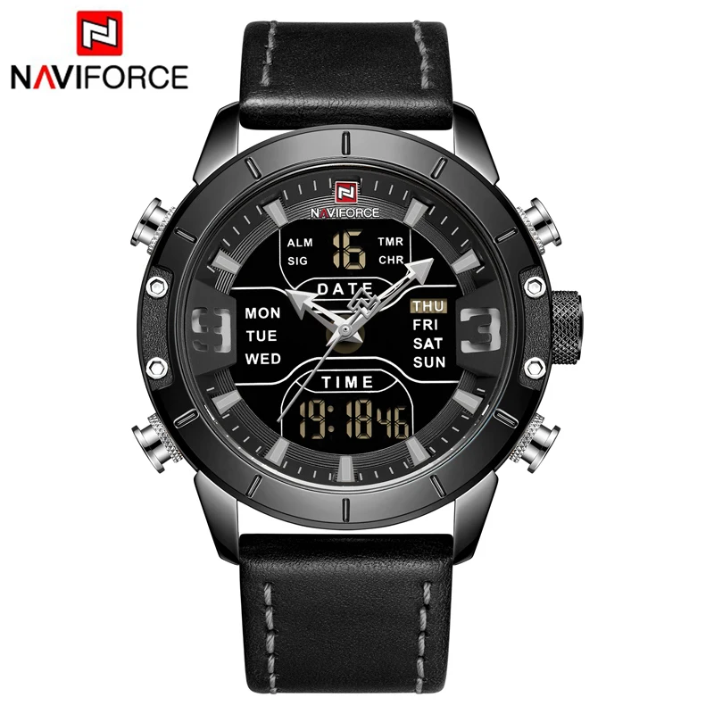 Leather B B NAVIFORCE мужские часы с двумя дисплеями Лидирующий бренд Модный светодиодный цифровой Роскошные мужские часы кожаные спортивные водонепроницаемые кварцевые наручные часы - Цвет: Leather B B