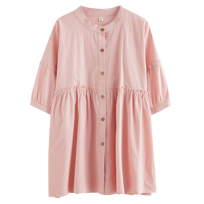 

Cotton Shirt 2021 Summer New Large Size Women Loose Belly Short Sleeve Slim Solid Color Top Button Up Shirt