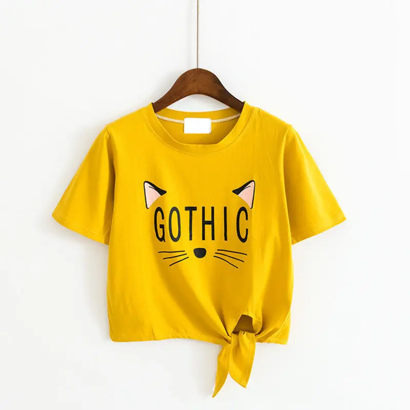 Женский хлопковый укороченный топ с принтом кошки черная Повседневная Базовая