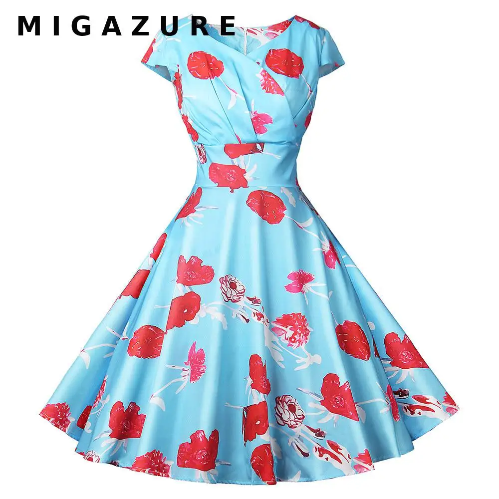 

MIGAZURE для женщин в винтажном стиле Стиль 50-х 60-х годов V образным вырезом Свободное платье в стиле ретро с узором в горошек и цветами на кухне д...