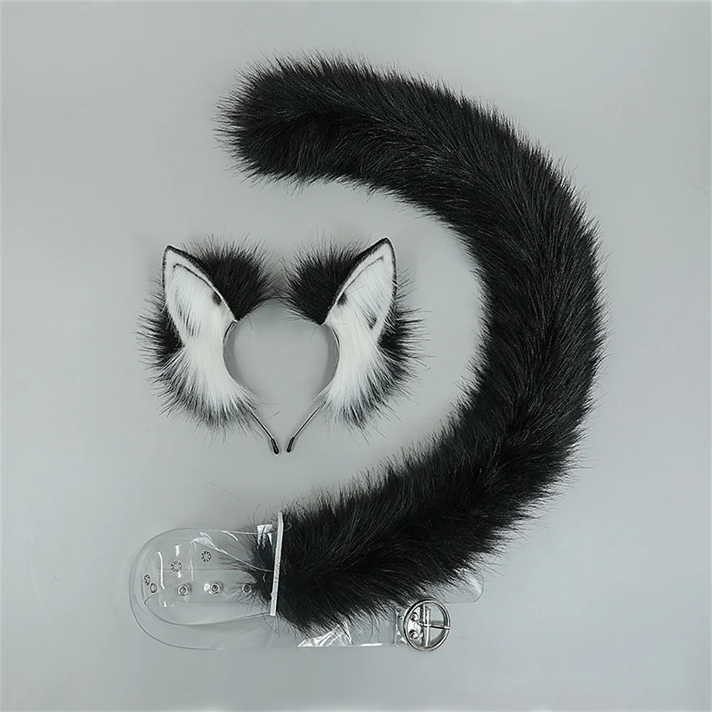 

Plush Cosplay Simulation Animal Ear Headwear Kawaii JK Accessories Realistic Lolita Rainbow Cat Ear Headband Cat Tail Suit