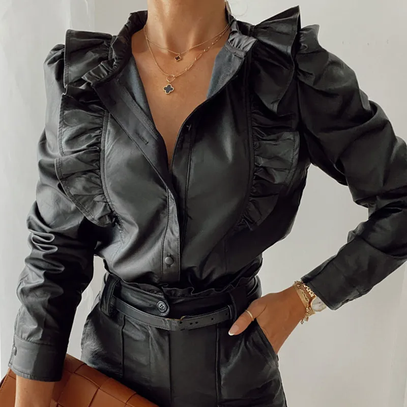 Женская блузка из искусственной кожи Готическая рубашка с длинным рукавом и