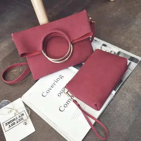Fashion new 2 pcs Women Handbags High-quality Matte PU Leather Women bag Open Metal Ring Envelopes Portable Shoulder bag - Цвет: Red