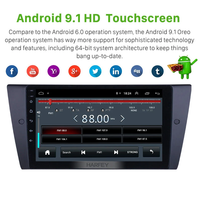 

Harfey Car Multimedia player Android 9.1 GPS car radio HD Touchscreen 9" for 2005 2006 2007-2012 BMW 3 Series support Carplay