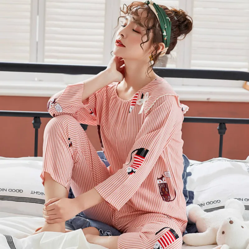 

Long Sleeve Pajama Sets Women Home Comfortable Printed Korean Style Nightwear Ladies All-match Trendy Simple Casual Daily Spring