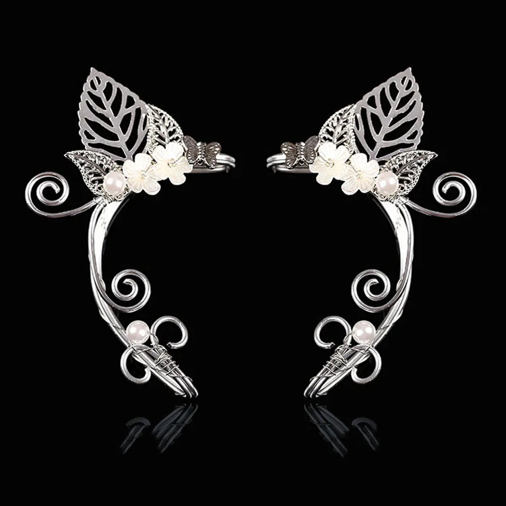 Chic Elf Pearl Hollowed Flower Leaf Cosplay Fairy Ear Wrap Cuffs Earrings for Women Girls Wedding Jewelry Halloween jewelry | Украшения и