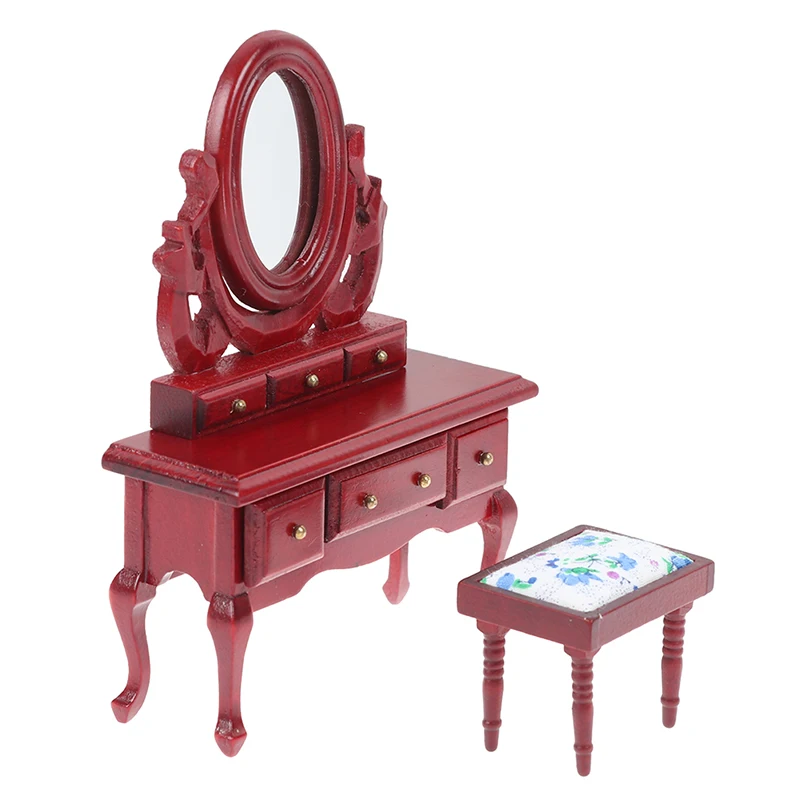 

1 set 1:12 scale Dollhouse Furniture White/Red Wood Dresser Stool Set for Doll House Bedroom Decor