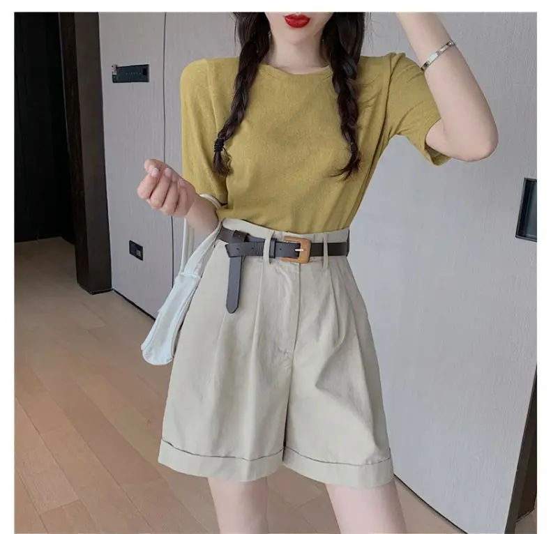 

2-Piece Women Summer Outfits High Waist Wide Leg Shorts + Yellow Shirt Set