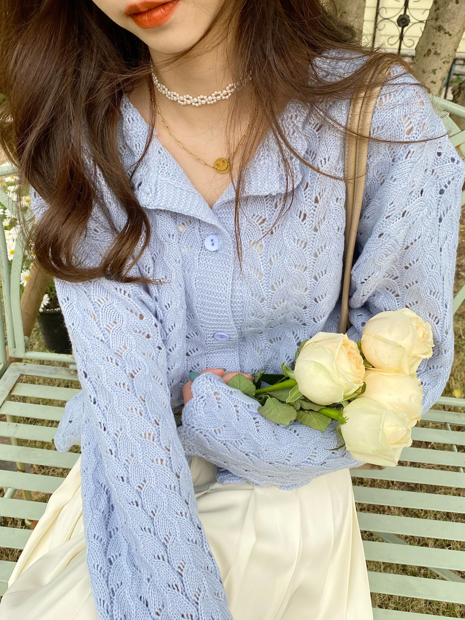 Новый Кремовый синий свитер Кардиган нежный тонкий| |