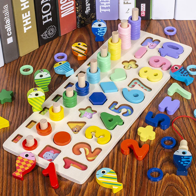 

Kids Multifunction Montessori Wooden Busy Board Math Fishing Geometry Preschool Ability Training Toys for Children Educational