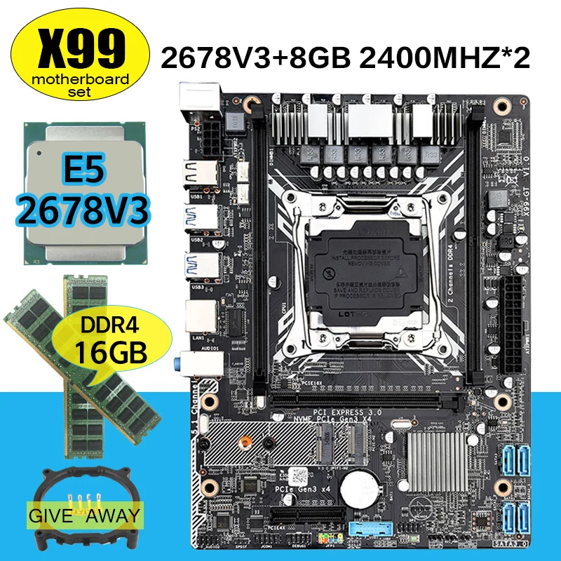 X99 conjunto de материнская плата con Ксеон E5 2678 V3 LGA2011 3 Процессор 2 БЮ X 8 ГБ = 16 Гб 2400 МГц