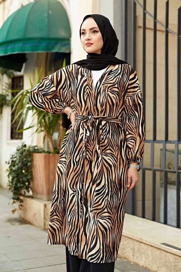 TUGBA Muslim Women Patterned Kimono Coffee Cardigan İslamic outfit for Muslim