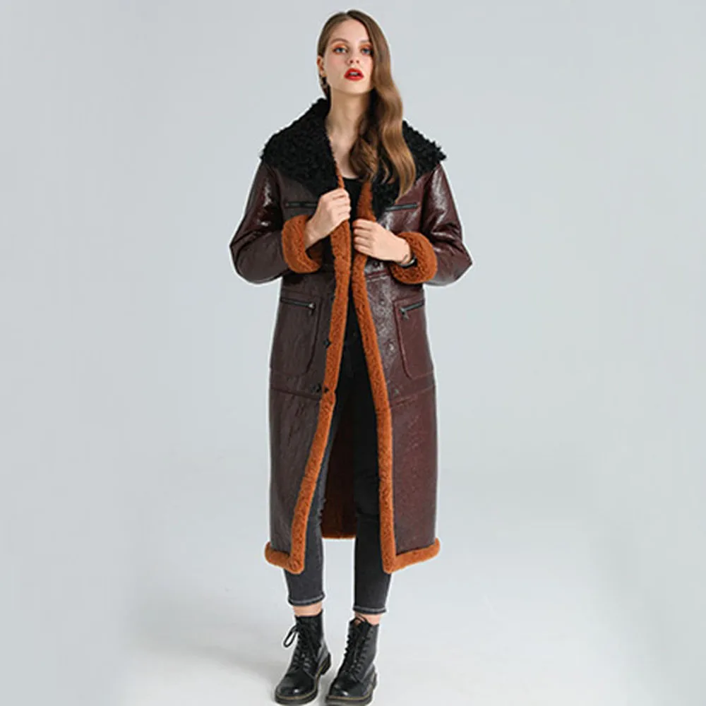 Red Extra Long Real Sheepskin Shearling Fur Coat Women Fashion Winter Thicken Warm Natural Fur Clothing