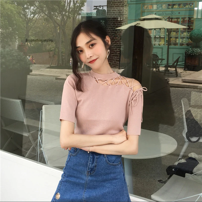 

Summer T Shirt Women Knitted Short Sleeves Sexy Tee Shirt High Elasticity Breathable Top Female Off Shoulder T shirt