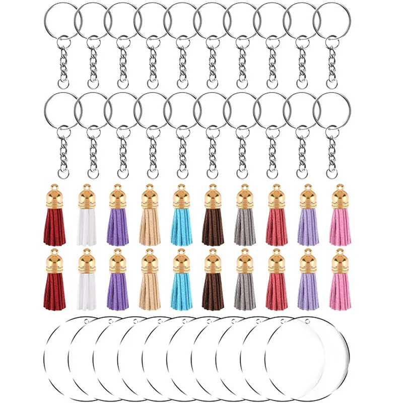 

120 шт. акриловый прозрачный круг заготовок брелок набор кисточек брелоки с цепочкой соединительные кольца и кисточкой подхваты для штор «сд...
