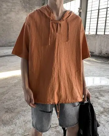 

T-shirt men's short-sleeved hooded three-quarter sleeves loose students