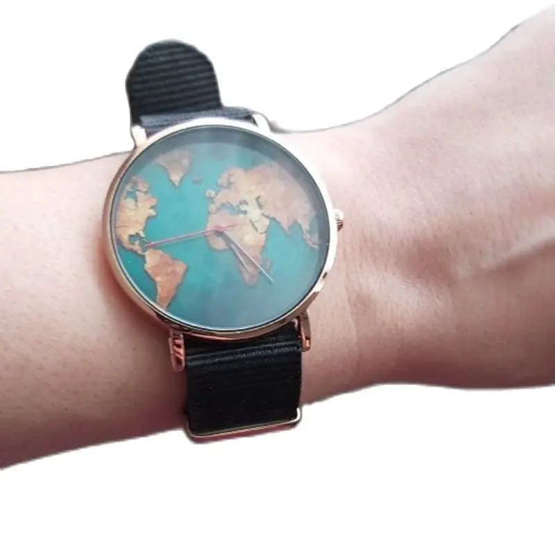World Map Watch Travel Fashion Black Canvas Band Minimalist Women Quartz Wristwatches Movement