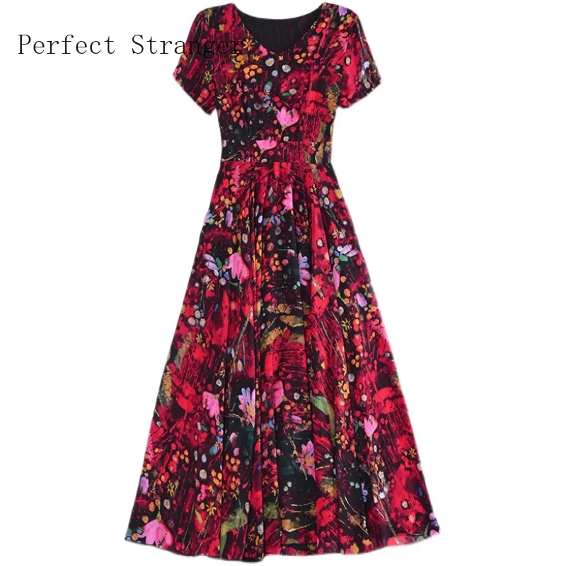 

2021 Summer Women Dress New Arrival Plus Size S-4XL Hot Sale Round Collar Short Sleeve Flower Printed Chiffon Long Dress