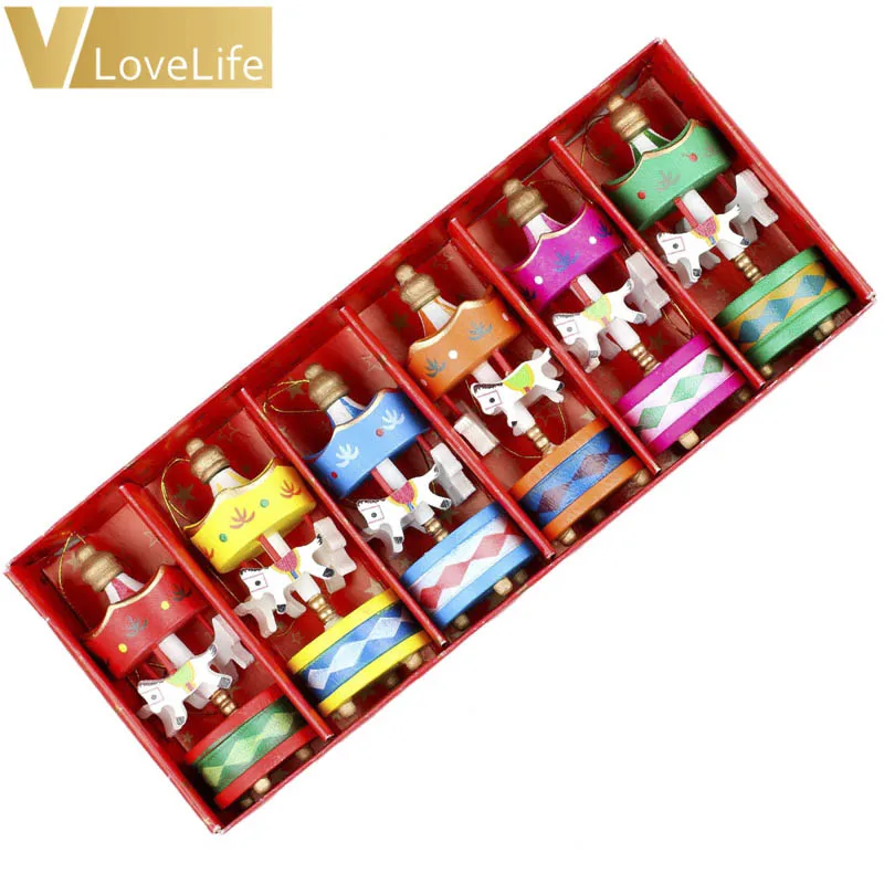 6 штук Рождественский деревянный настольный конь с орнаментами Мини Красивая деревянная подвеска для детей на Рождество Игрушка Подарок Новый год.