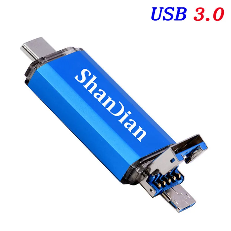 Blue SHANDIAN OTG 3 в 1 взаимный обмен данными между компьютером и периферийными устройствами флэш-накопители USB3.0& Тип type-C и Micro USB 128 Гб 64 ГБ 32 ГБ оперативной памяти, 16 Гб встроенной памяти, 8 ГБ 4 ГБ на флэшке, двойной флеш-накопитель USB пользовательских - Цвет: Blue