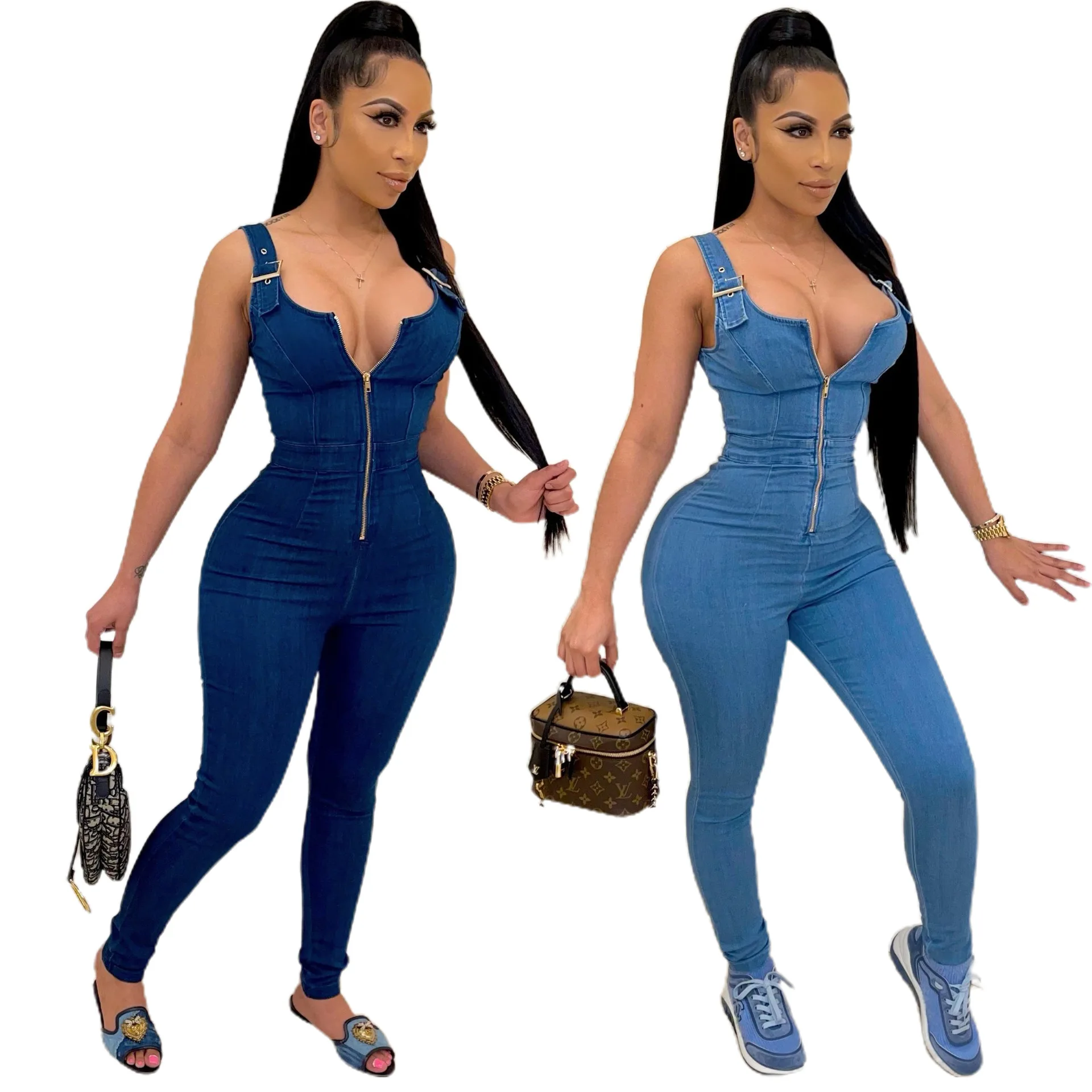 

Summer Women's Jeans Jumpsuit Sleeveless Long New Cotton Stretch Suspenders Denim Jumpsuit Hot Sale Ladies Jeans Jumpsuit
