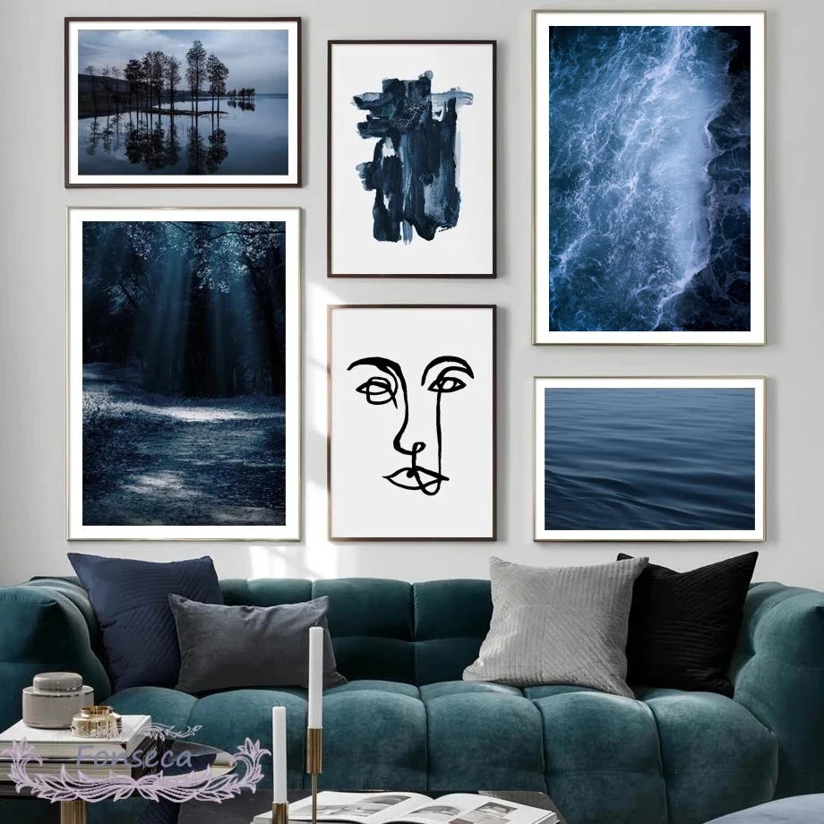 

Abstract Face Line Poster Dark Blue Forest Lake Sea Waves Scenery Canvas Painting Wall Art Nordic Prints Pictures Living Room