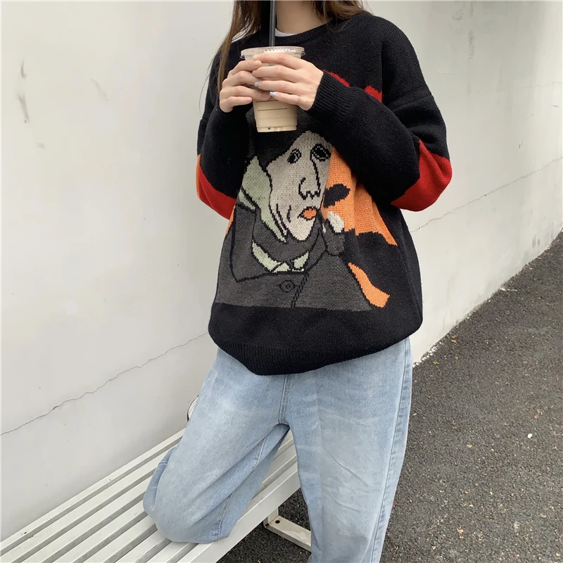 

2021 Vintage Fashion O Neck Long Sleeve Pullovers Jumpers Printed Loose Sweater Women Harajuku BF Knit Tops Streetwear
